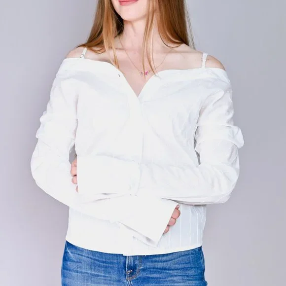 ALPHA & OMEGA White Off-Shoulder Shirt Blouse - Picture 6 of 7